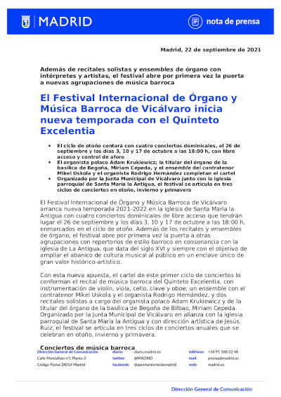 El Festival Internacional de Órgano y Música Barroca de Vicálvaro inicia nueva temporada con el Quinteto Excelentia El Festival Internacional de Órgano y Música Barroca de Vicálvaro inicia nueva temporada con el Quinteto Excelentia