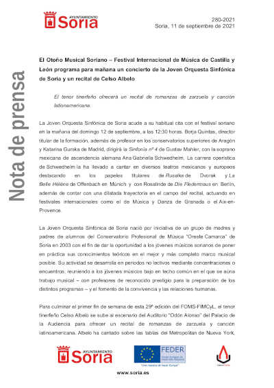 Concierto de la Joven Orquesta Sinfónica de Soria y un recital de Celso Albelo en Otoño Musical Soriano