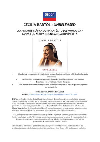 La cantante clásica Ceclia Bartoli prensenta «Unrelased», su ábum de una actuación inédita