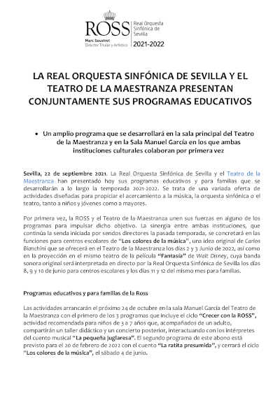 La Real Orquesta Sinfónica de Sevilla y el Teatro de la Maestranza presentan programas educativos
