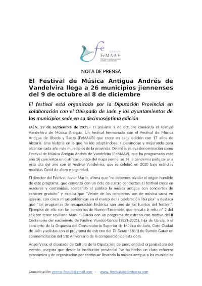El Festival de Música Antigua Andrés de Vandelvira llega a 26 municipios jiennenses