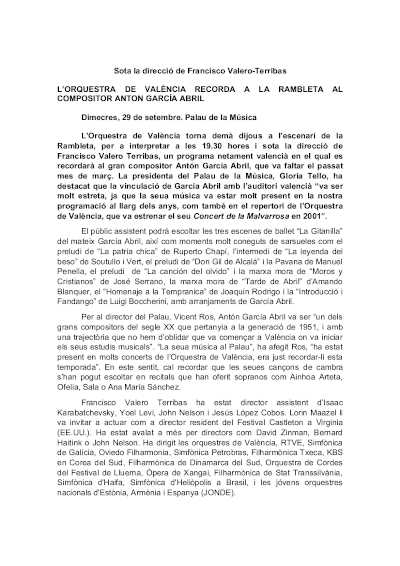 La Orquesta de València recuerda en la Rambleta al compositor Antón García Abril