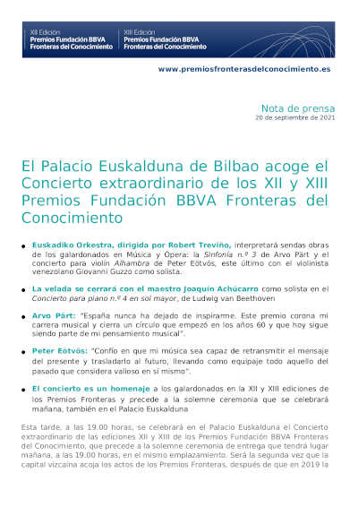 Concierto extraordinario de los XII y XIII Premios Fundación BBVA Fronteras del Conocimiento