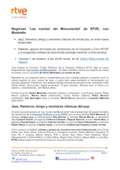 Regresan «Las noches del Monumental de RTVE, con Nacho Mastretta y su banda de jazz