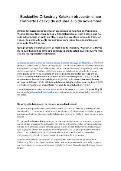 Euskadiko Orkestra y Kalakan ofrecerán cinco conciertos del 20 de octubre al 5 de noviembre