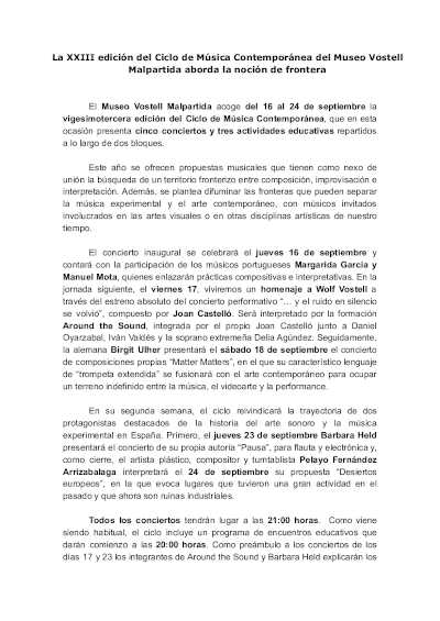 El CNDM coproduce el XXIII Ciclo de Música Contemporánea del Museo Vostell Malpartida