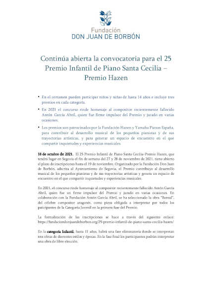 Continúa abierta la convocatoria para el 25 Premio Infantil de Piano Santa Cecilia – Premio Hazen