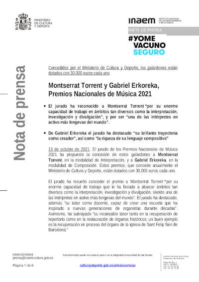 Montserrat Torrent y Gabriel Erkoreka, Premios Nacionales de Música 2021 Montserrat Torrent y Gabriel Erkoreka, Premios Nacionales de Música 2021