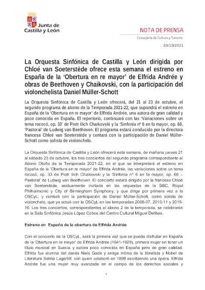 La Orquesta Sinfónica de Castilla y León, con Chloé van Soeterstède ofrece ‘Obertura en re mayor’ de Elfrida Andrée