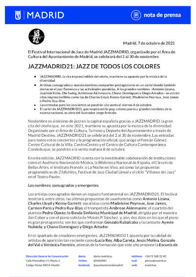 A punto la nueva edición del Festival Internacional de Jazz de Madrid JAZZMADRID 2021