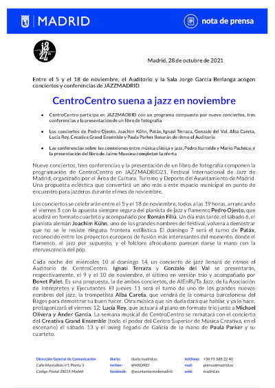 CentroCentro suena a jazz en noviembre, por su participación en JAZZMADRID21 con nueve conciertos