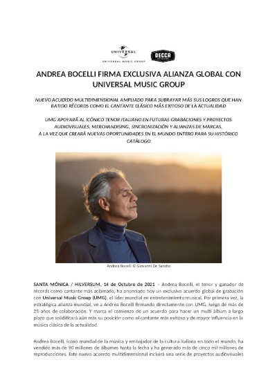 Andrea Bocelli firma exclusiva alianza global con Universal Music Group