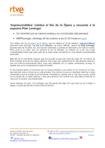 ‘Imprescindibles’ celebra el Día de la Ópera y recuerda a la soprano Pilar Lorengar ‘Imprescindibles’ celebra el Día de la Ópera y recuerda a la soprano Pilar Lorengar