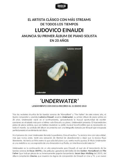 Ludovico Einaudi anuncia «Underwater», su primer álbum de piano solista en 20 años