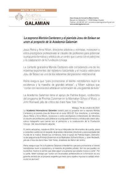 La soprano Mariola Cantarero y el pianista Josu de Solaun se unen al proyecto de la Academia Galamian