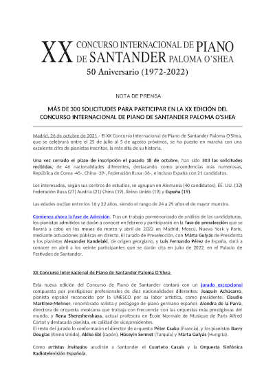 Más de 300 solicitudes para la XX Edición del Concurso Internacional de Piano de Santander Paloma O’Shea
