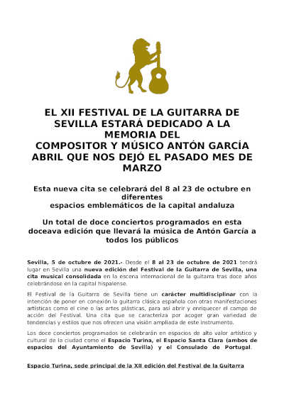 La XII edición del Festival de la Guitarra de Sevilla estará dedicado al compositor y músico Antón García Abril
