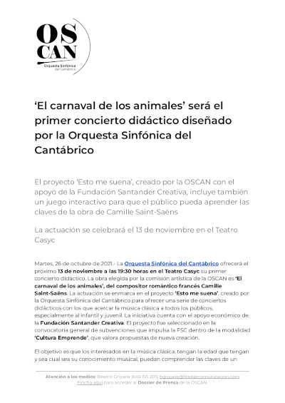 ‘El carnaval de los animales’ será el primer concierto didáctico diseñado por la Orquesta Sinfónica del Cantábrico