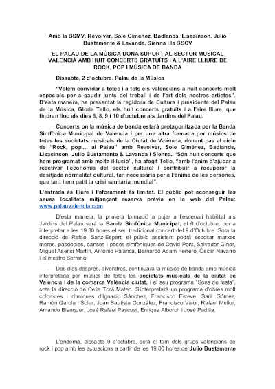 El Palau de la Música apoya al sector musical y valenciano con ocho conciertos gratuitos