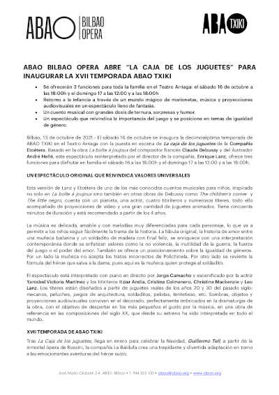 ABAO Bilbao Opera abre «La caja de los juguetes» para inaugurar la XVII Temporada ABAO TXIKI