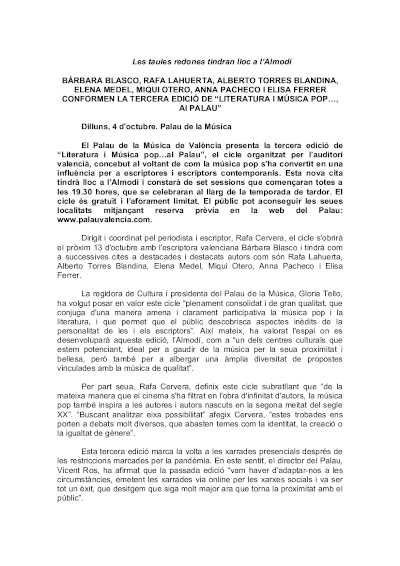 Tercera edición de “Literatura y música pop al Palau” con Bárbara Blasco, Rafa Lahuerta, Alberto To…