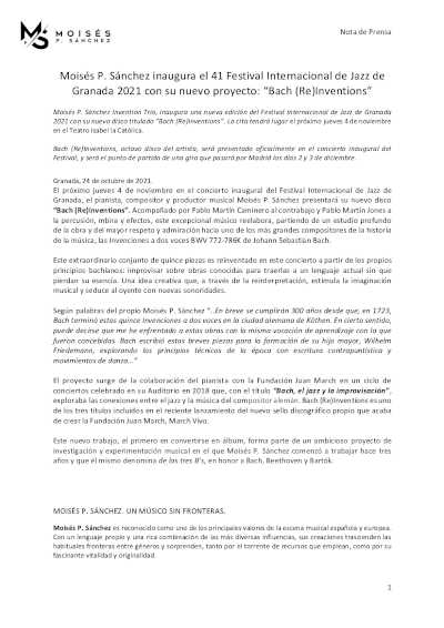 Moisés P. Sánchez inaugura el 41 Festival Internacional de Jazz de Granada 2021 con su nuevo proyecto Moisés P. Sánchez inaugura el 41 Festival Internacional de Jazz de Granada 2021 con su nuevo proyecto