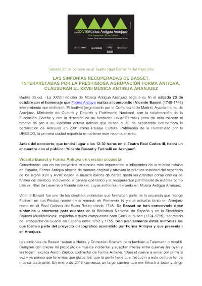 Forma Antiqva, clausura el Festival de Música Antigua Aranjuez con las sinfonías recuperadas de Basset