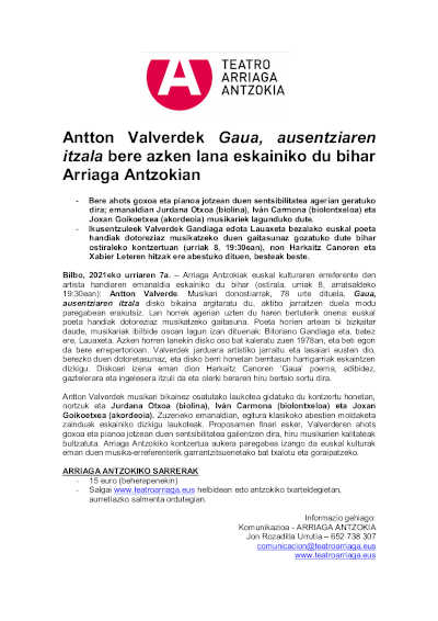 Antton Valverde interpreta su último trabajo Gaua, ausentziaren itzala en el Teatro Arriaga