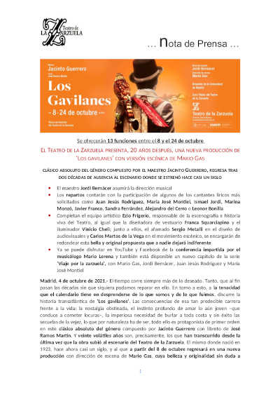 El Teatro de la Zarzuela presenta, 20 años después, una nueva producción de ‘Los gavilanes’