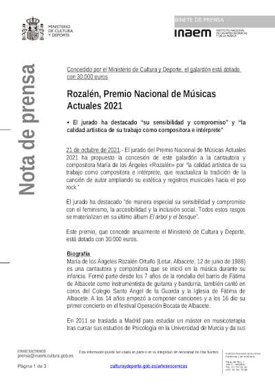 El Premio Nacional de Músicas Actuales 2021 ha sido concedido a Rozalén por «su sensibilidad y compromiso» El Premio Nacional de Músicas Actuales 2021 ha sido concedido a Rozalén por «su sensibilidad y compromiso»