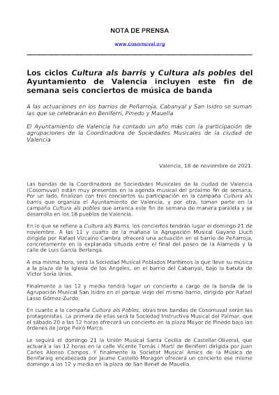 Cultura als barris y Cultura als pobles del Ayuntamiento de Valencia incluyen este fin de semana seis conciertos