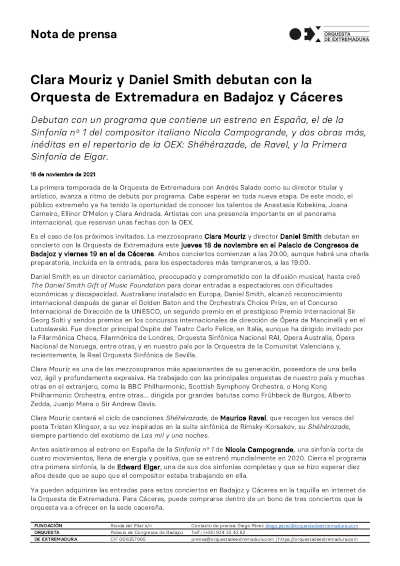 Clara Mouriz y Daniel Smith debutan con la Orquesta de Extremadura Clara Mouriz y Daniel Smith debutan con la Orquesta de Extremadura