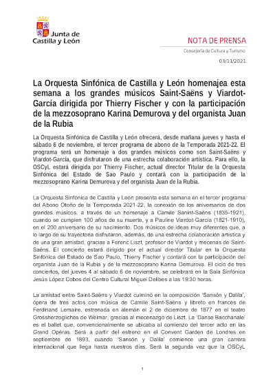 La OSCyL homenajea a Saint-Saëns y Viardot-García con la participación de Karina Demurova y Juan de la Rubia