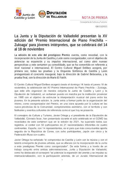 La Junta y la Diputación de Valladolid presentan la XV edición del ‘Premio Internacional de Piano Frechilla – Zuloaga’ La Junta y la Diputación de Valladolid presentan la XV edición del ‘Premio Internacional de Piano Frechilla – Zuloaga’