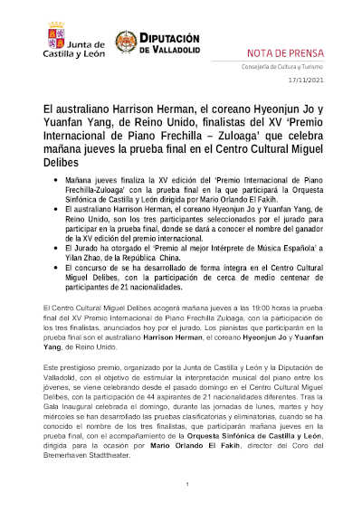Harrison Herman, Hyeonjun Jo y Yuanfan Yang, finalistas del XV ‘Premio Internacional de Piano Frechilla – Zuloaga’