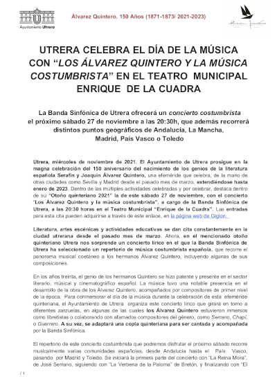 Utrera celebra el Día de la Música con «Los Ávarez Quintero y la música costumbrista»