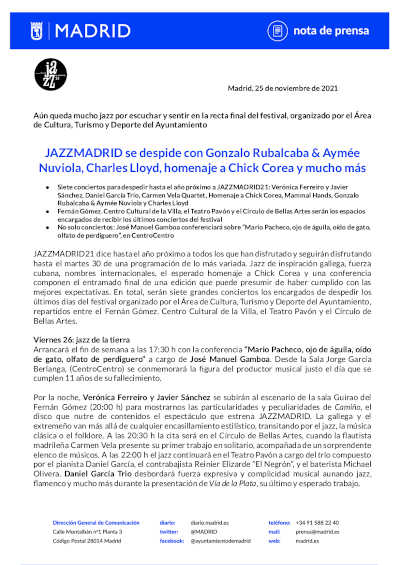 JAZZMADRID se despide con Gonzalo Rubalcaba & Aymée Nuviola, Charles Lloyd, homenaje a Chick Corea y …