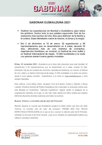 Vuelven los espectáculos de Navidad a Euskalduna con Gabonak Euskalduna 2021