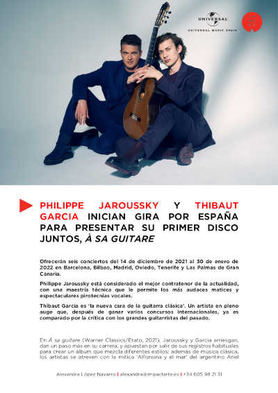 Philippe Jaroussky y Thibaut Garcia inician gira por España para presentar «Á sa guitare»