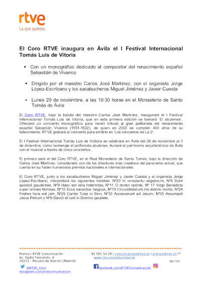 El Coro RTVE inaugura en Ávila el I Festival Internacional Tomás Luis de Victoria