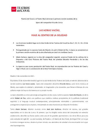 Las horas vacías, viaje al centro de la soledad: Primera versión escenificada de Teatros del Canal y Teatro Real Las horas vacías, viaje al centro de la soledad: Primera versión escenificada de Teatros del Canal y Teatro Real