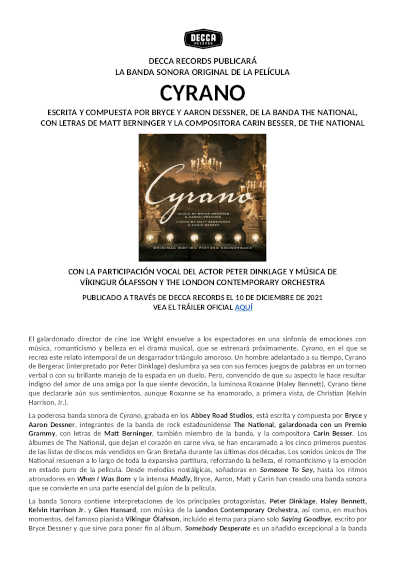 DECCA Records publicará la Banda Sonora Original de la película Cyrano de Joe Wright