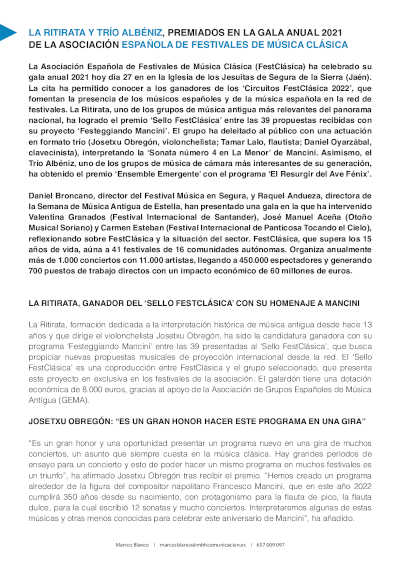 La Ritirata y Trío Albéniz, premiado en la Gala Anual 2021 de FestClásica