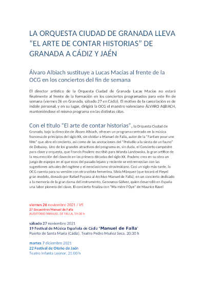 La Orquesta Ciudad de Granada lleva «El arte de contar historias» de Granada a Cádiz y Jaén La Orquesta Ciudad de Granada lleva «El arte de contar historias» de Granada a Cádiz y Jaén