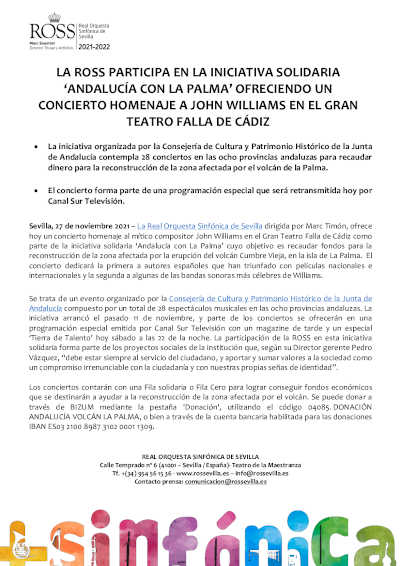La ROSS participa en la iniciativa solidaria «Andalucía con la Palma» ofreciendo un homenaje a John Williams