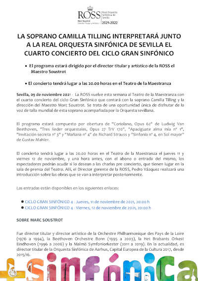 La soprano Camilla Tilling y la Real Orquesta Sinfónica de Sevilla en el cuarto concierto del Ciclo Gran Sinfónico