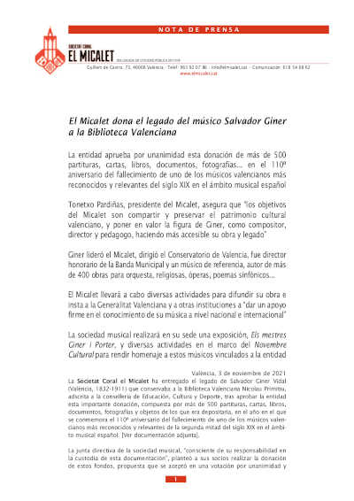 La Societat Coral el Micalet dona el legado del músico Salvador Giner a la Biblioteca Valenciana