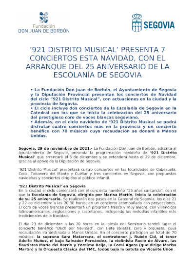 «921 Distrito Musical» presenta 7 concierto esta Navidad y el arranque del 25º aniversario de la Escolania de Segovia