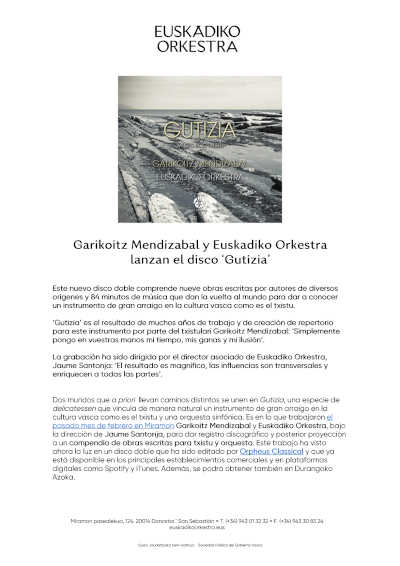 Garikoitz Mendizabal y Euskadiko Orkestra lanzan el disco ‘Gutizia’