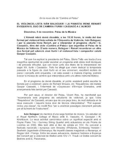 El violonchelista Iván Balaguer y la pianista Irene Renart evocan el dúo de cámara Iturbie y Cassadó